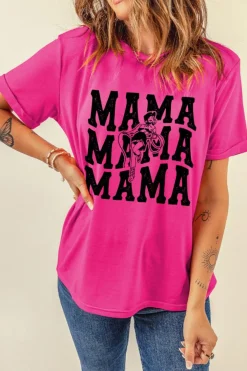 Fashion Dear-Lover Western MAMA Print Crew Neck T Shirt Rose Red