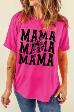 Fashion Dear-Lover Western MAMA Print Crew Neck T Shirt Rose Red