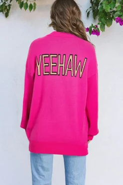 New Dear-Lover YEEHAW Cowboy Hat Drop Shoulder Oversized Sweater Rose Red