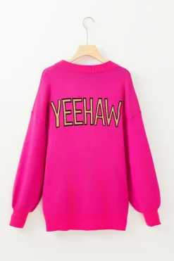 New Dear-Lover YEEHAW Cowboy Hat Drop Shoulder Oversized Sweater Rose Red