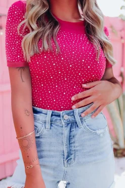 Clearance Dear-Lover Rhinestone Allover Round Neck Short Sleeve Bodysuit Rose