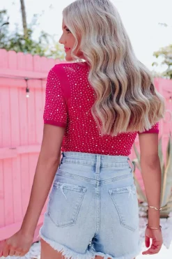 Clearance Dear-Lover Rhinestone Allover Round Neck Short Sleeve Bodysuit Rose