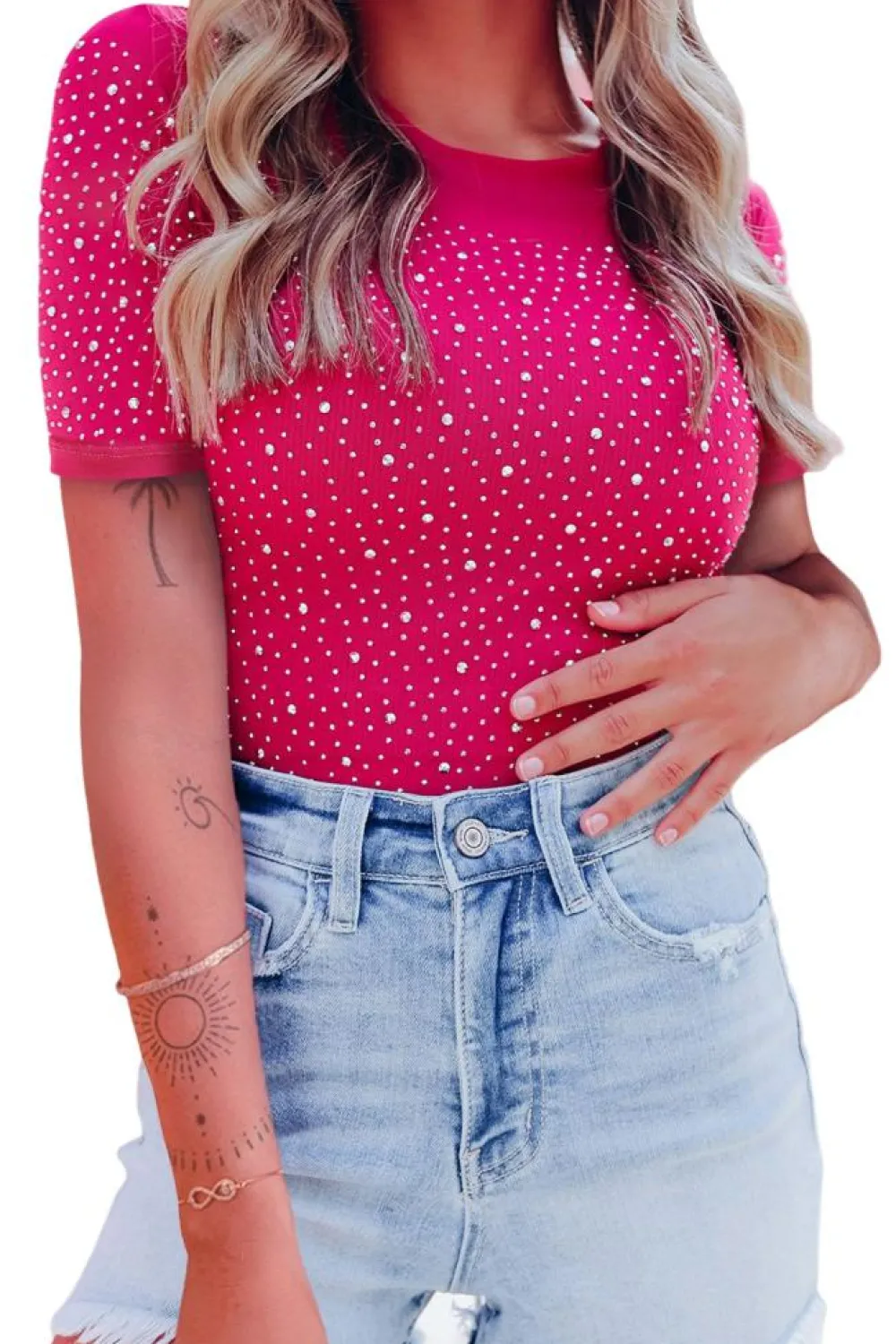 Clearance Dear-Lover Rhinestone Allover Round Neck Short Sleeve Bodysuit Rose