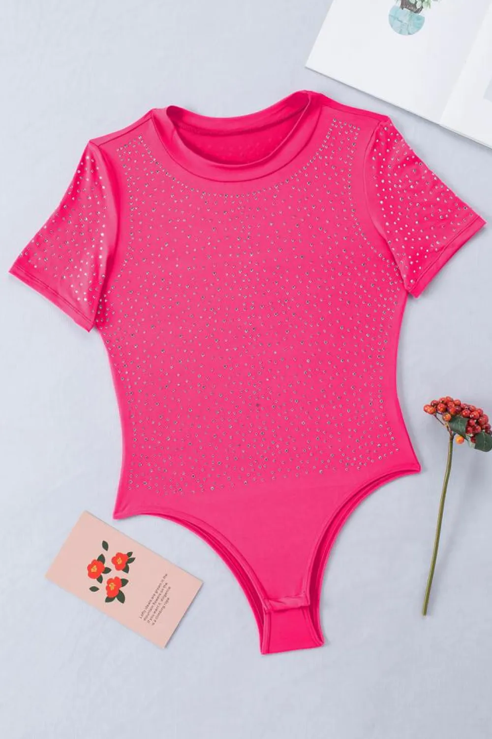 Clearance Dear-Lover Rhinestone Allover Round Neck Short Sleeve Bodysuit Rose