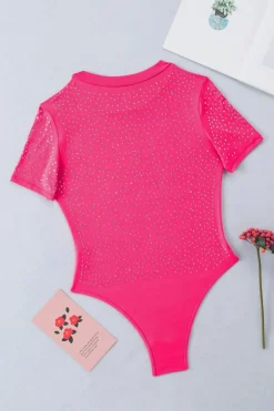 Clearance Dear-Lover Rhinestone Allover Round Neck Short Sleeve Bodysuit Rose