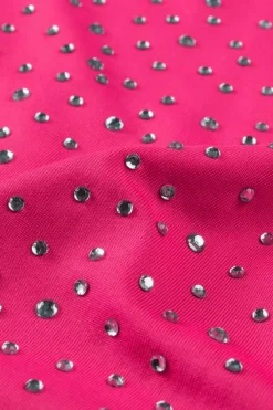 Clearance Dear-Lover Rhinestone Allover Round Neck Short Sleeve Bodysuit Rose