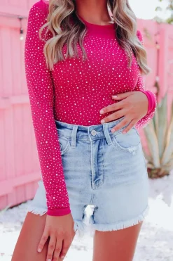 New Dear-Lover Rhinestone O-neck Long Sleeve Bodysuit Rose
