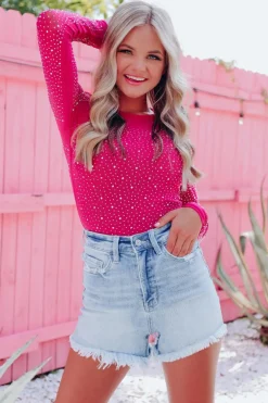 New Dear-Lover Rhinestone O-neck Long Sleeve Bodysuit Rose
