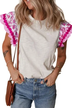 Online Dear-Lover Ricrac Trim Printed Flutter Sleeve Contrast Patchwork Blouse Rose