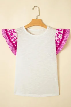 Online Dear-Lover Ricrac Trim Printed Flutter Sleeve Contrast Patchwork Blouse Rose