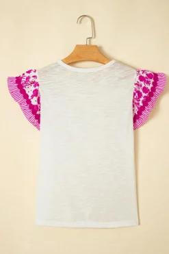 Online Dear-Lover Ricrac Trim Printed Flutter Sleeve Contrast Patchwork Blouse Rose