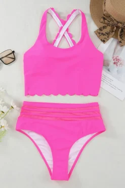 Hot Dear-Lover Scalloped Criss Cross High Waist Bikini Rose