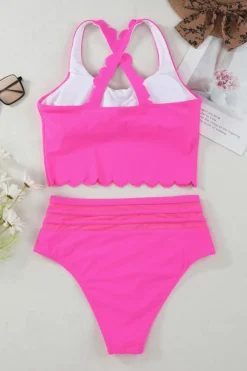 Hot Dear-Lover Scalloped Criss Cross High Waist Bikini Rose