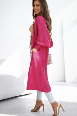 Online Dear-Lover Side Pockets Bubble Sleeve Knitted Cardigan Rose