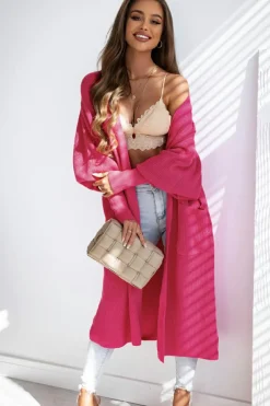 Online Dear-Lover Side Pockets Bubble Sleeve Knitted Cardigan Rose