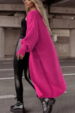 Online Dear-Lover Side Pockets Bubble Sleeve Knitted Cardigan Rose