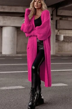 Online Dear-Lover Side Pockets Bubble Sleeve Knitted Cardigan Rose