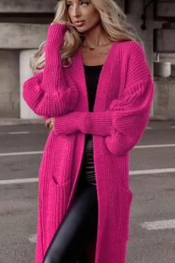 Online Dear-Lover Side Pockets Bubble Sleeve Knitted Cardigan Rose
