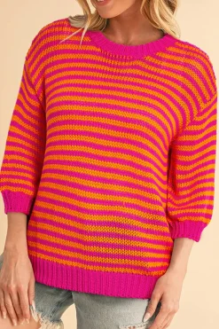 Outlet Dear-Lover 3/4 Puff Sleeve Drop Shoulder Sweater Rose Stripe