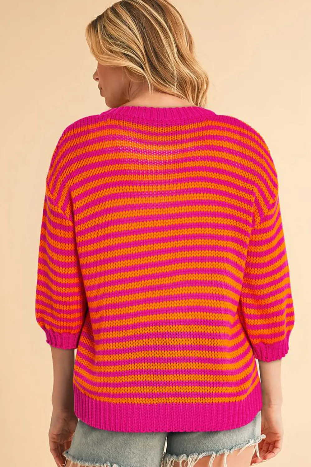 Outlet Dear-Lover 3/4 Puff Sleeve Drop Shoulder Sweater Rose Stripe