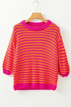 Outlet Dear-Lover 3/4 Puff Sleeve Drop Shoulder Sweater Rose Stripe