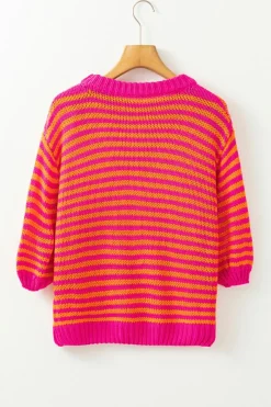 Outlet Dear-Lover 3/4 Puff Sleeve Drop Shoulder Sweater Rose Stripe