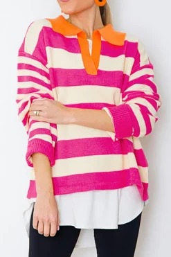 Fashion Dear-Lover Color Block Collared V Neck Drop Shoulder Sweater Rose Stripe