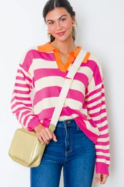 Fashion Dear-Lover Color Block Collared V Neck Drop Shoulder Sweater Rose Stripe