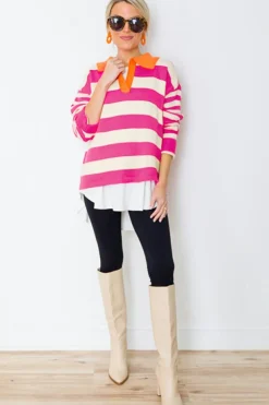 Fashion Dear-Lover Color Block Collared V Neck Drop Shoulder Sweater Rose Stripe