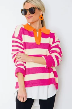Fashion Dear-Lover Color Block Collared V Neck Drop Shoulder Sweater Rose Stripe