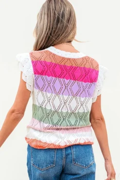 Hot Dear-Lover Colorblock Hollowed Knit Scallop Edge Sweater Vest Rose Stripe