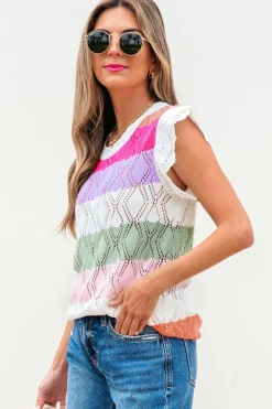 Hot Dear-Lover Colorblock Hollowed Knit Scallop Edge Sweater Vest Rose Stripe