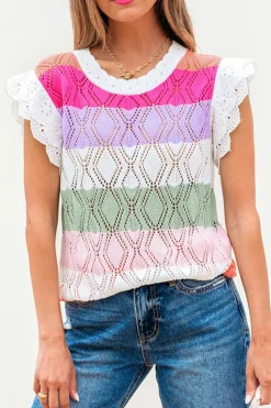 Hot Dear-Lover Colorblock Hollowed Knit Scallop Edge Sweater Vest Rose Stripe