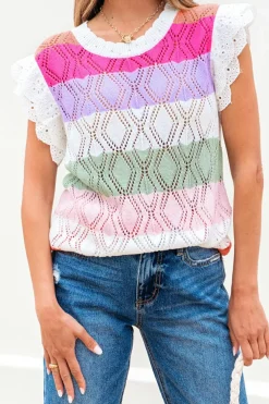 Hot Dear-Lover Colorblock Hollowed Knit Scallop Edge Sweater Vest Rose Stripe