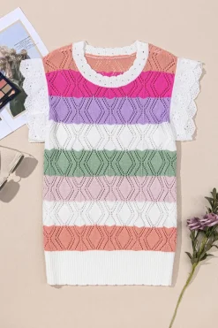 Hot Dear-Lover Colorblock Hollowed Knit Scallop Edge Sweater Vest Rose Stripe