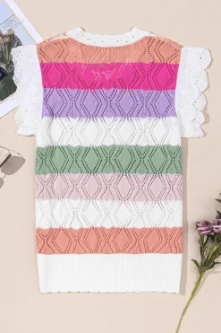 Hot Dear-Lover Colorblock Hollowed Knit Scallop Edge Sweater Vest Rose Stripe