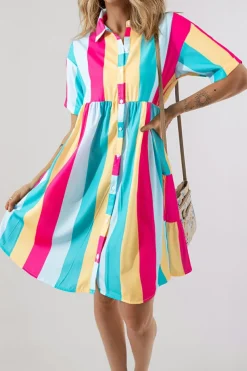 Outlet Dear-Lover Colorblock Short Sleeve Mini Shirt Dress Rose Stripe