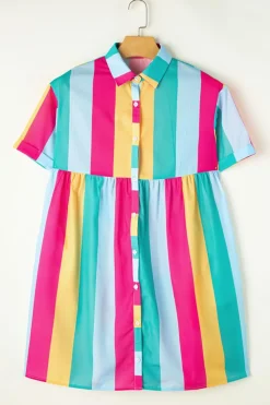 Outlet Dear-Lover Colorblock Short Sleeve Mini Shirt Dress Rose Stripe