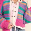 Fashion Dear-Lover Colorful Puff Sleeve Drop Shoulder Loose Cardigan Rose Stripe