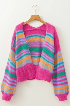 Fashion Dear-Lover Colorful Puff Sleeve Drop Shoulder Loose Cardigan Rose Stripe