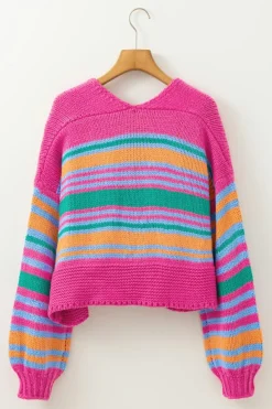 Fashion Dear-Lover Colorful Puff Sleeve Drop Shoulder Loose Cardigan Rose Stripe
