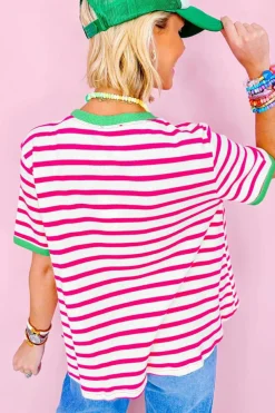 Clearance Dear-Lover Contrast Trim Crew Neck Loose Short Sleeve Top Rose Stripe