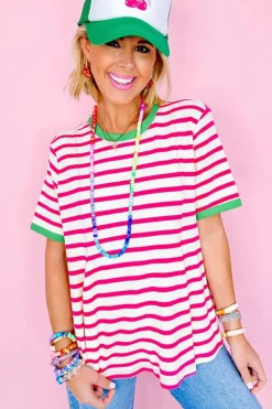 Clearance Dear-Lover Contrast Trim Crew Neck Loose Short Sleeve Top Rose Stripe