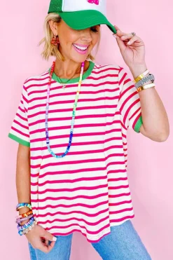 Clearance Dear-Lover Contrast Trim Crew Neck Loose Short Sleeve Top Rose Stripe