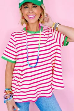 Clearance Dear-Lover Contrast Trim Crew Neck Loose Short Sleeve Top Rose Stripe