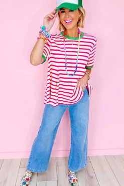 Clearance Dear-Lover Contrast Trim Crew Neck Loose Short Sleeve Top Rose Stripe