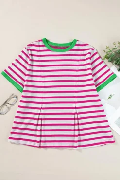 Clearance Dear-Lover Contrast Trim Crew Neck Loose Short Sleeve Top Rose Stripe