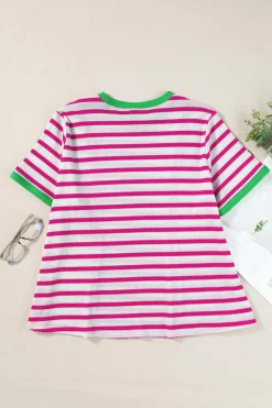 Clearance Dear-Lover Contrast Trim Crew Neck Loose Short Sleeve Top Rose Stripe