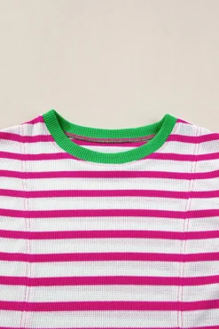 Clearance Dear-Lover Contrast Trim Crew Neck Loose Short Sleeve Top Rose Stripe