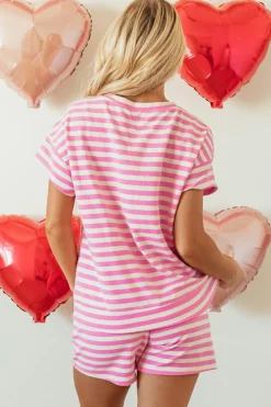 Discount Dear-Lover Crew Neck T Shirt and Drawstring Shorts Set Rose Stripe